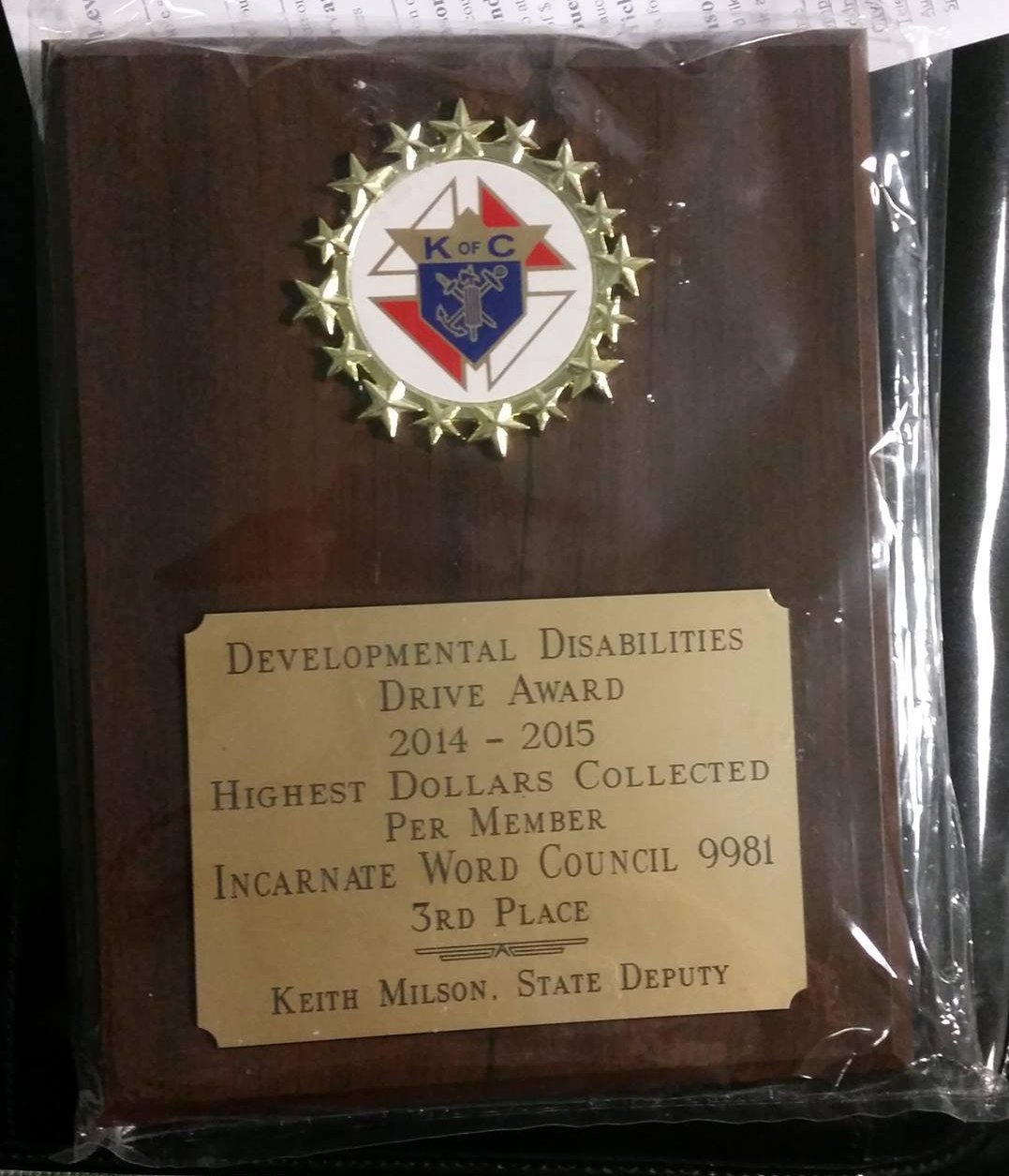 IWKnights DD Drive Award - 3rd Most Money Collected per Member (2014-2015)
